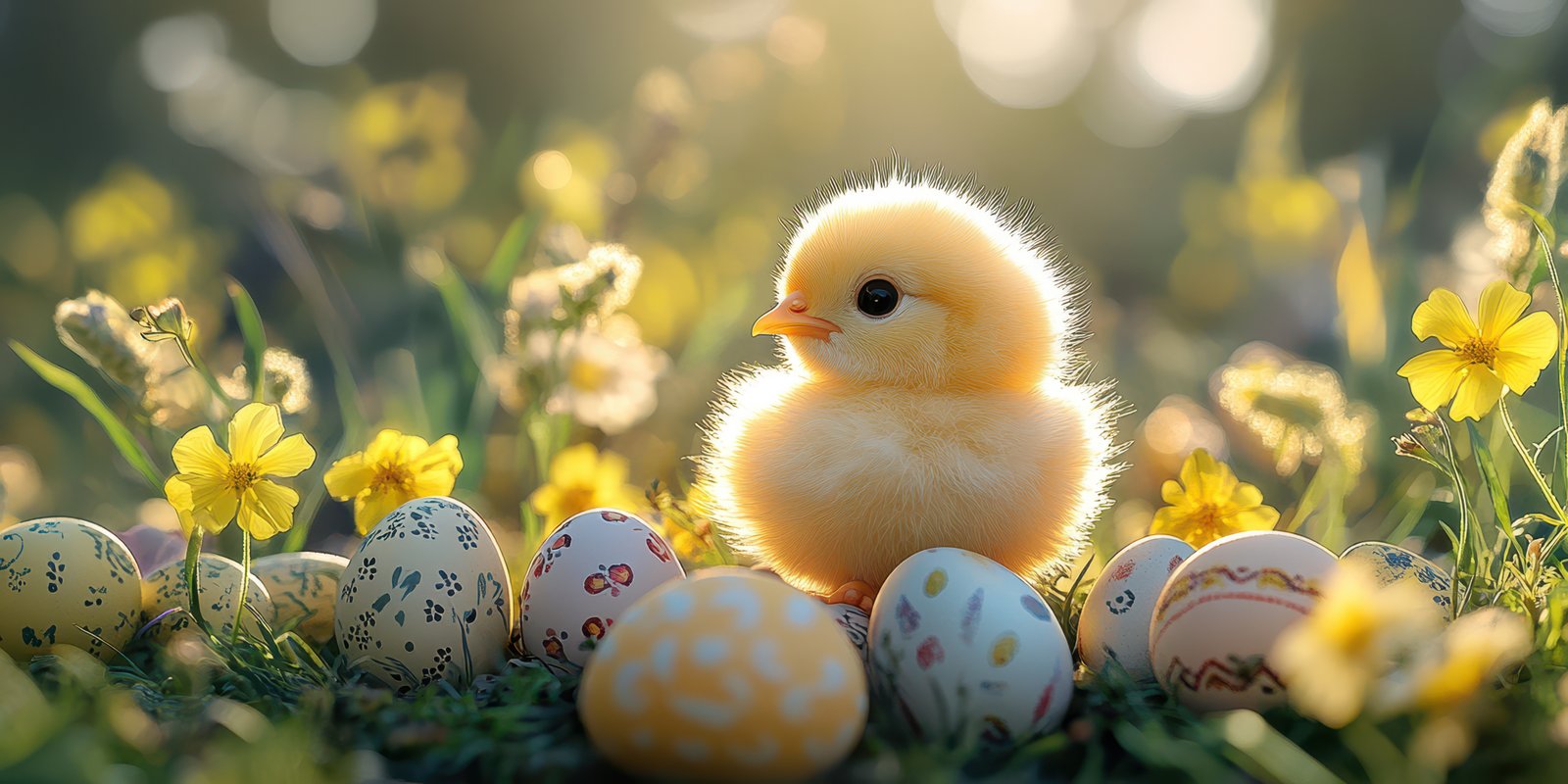 Cute yellow chick surrounded by decorative eggs and flowers in a sunny field during springtime celebration